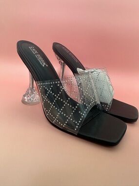 Cape Robbin Black Clear Rhinestone Slide Heels